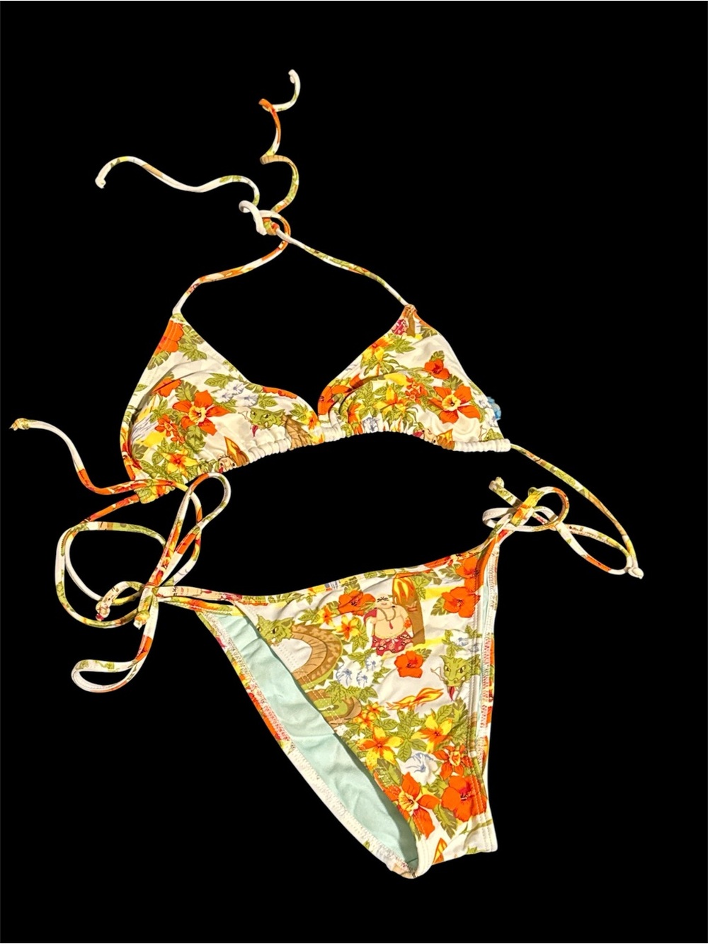 Light Green Floral Trim Bikini Top and bottoms